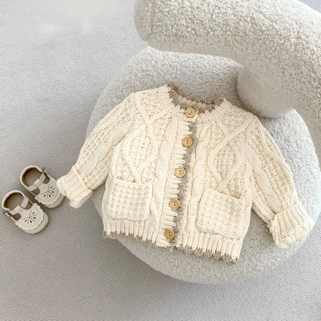 Girls' fashion personality round neck knitted coat in solid colour Apricot White cotton for toddlers