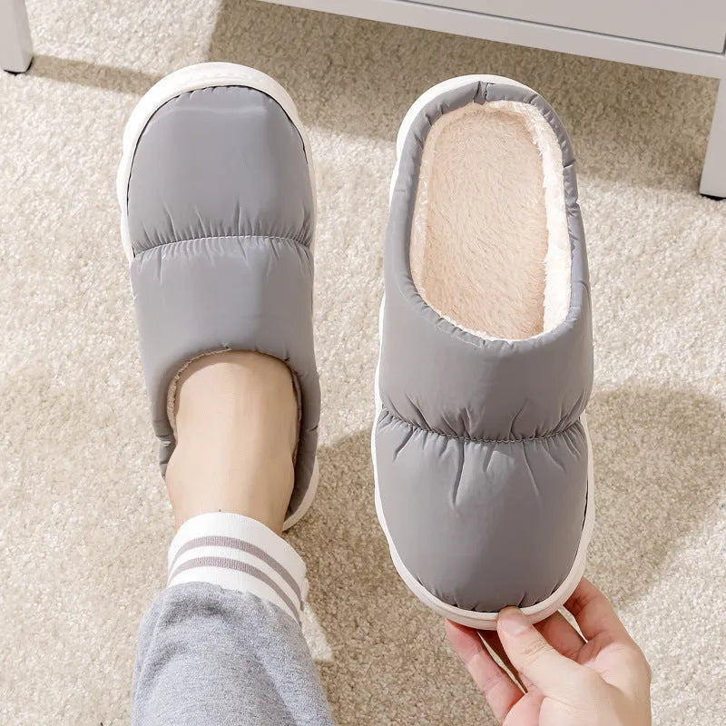 Thick-soled down cotton slippers with artificial leather upper and plush lining in blue green grey pink or yellow