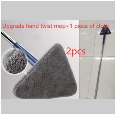 Blue triangle cleaning mop with extendable stainless steel pole and 360-degree rotating head