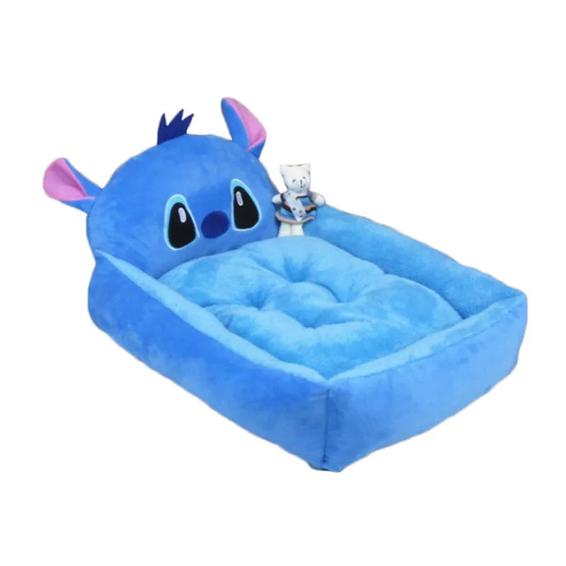 A cartoon-style washable pet sofa bed for small dogs and cats, shown in blue, brown, gray, or pink.