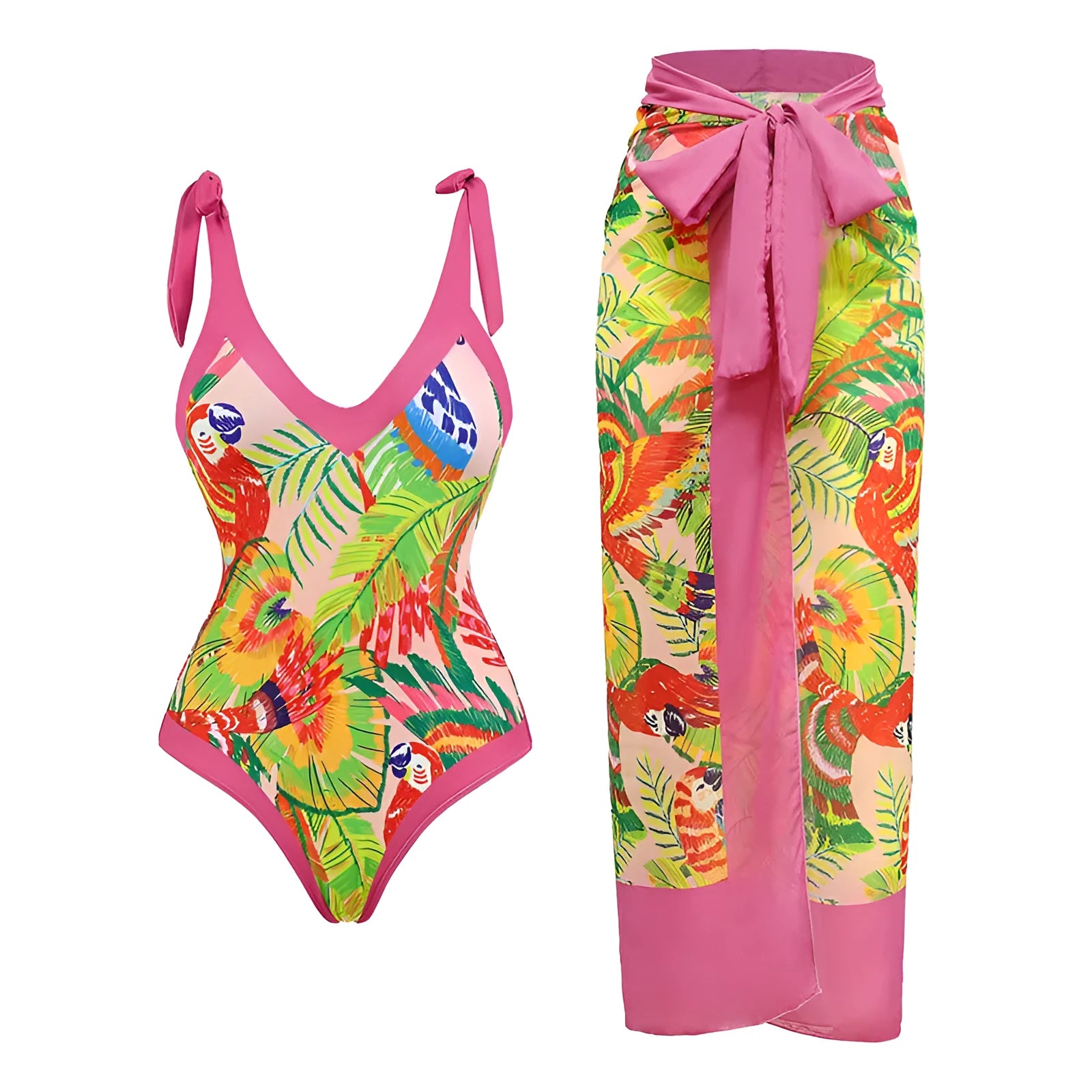 Women's solid colour one-piece swimsuit with spaghetti straps and matching skirt set