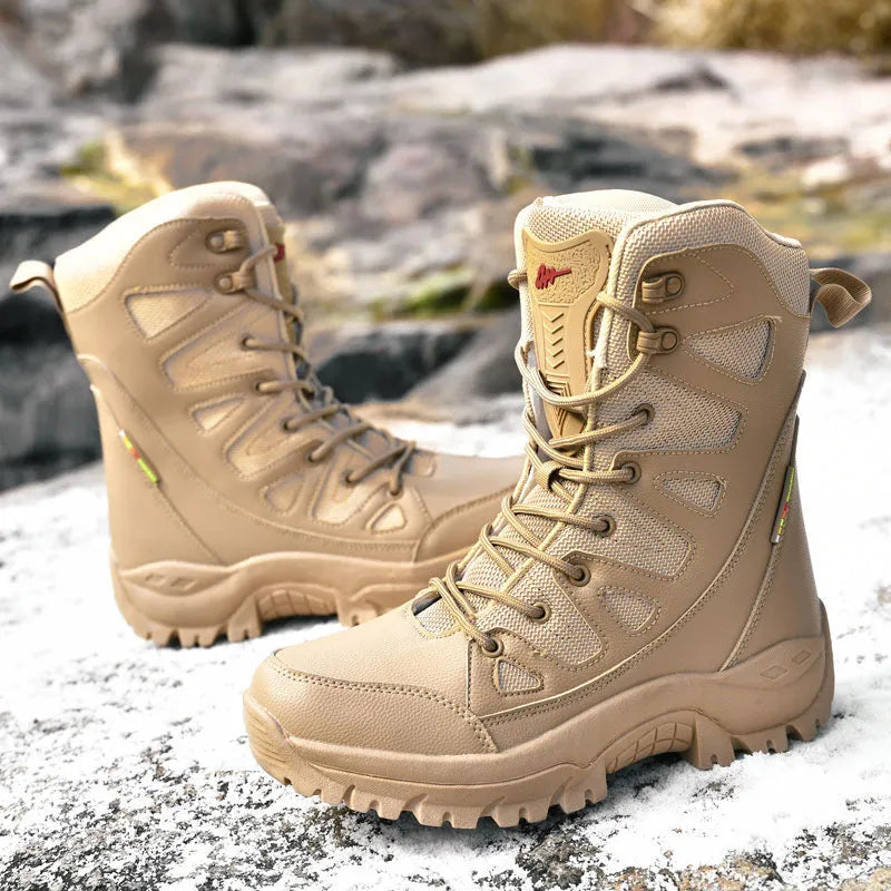 Cowhide leather hi-top hiking shoes in beige, black, and brown colours with platform soles