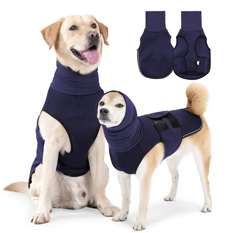 Dog wearing polyester calming jacket for anxiety relief in army green colour