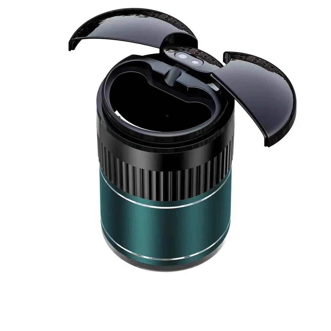 Metal smart car ashtray with automatic lid in black, showing compact 113mm x 72mm size.