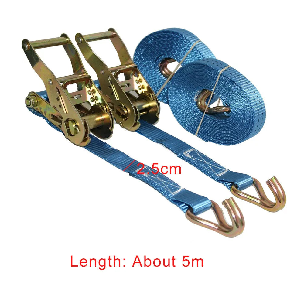Steel ratchet tensioner hand tool with double triangle hooks and a grey polyester strap for cargo binding.