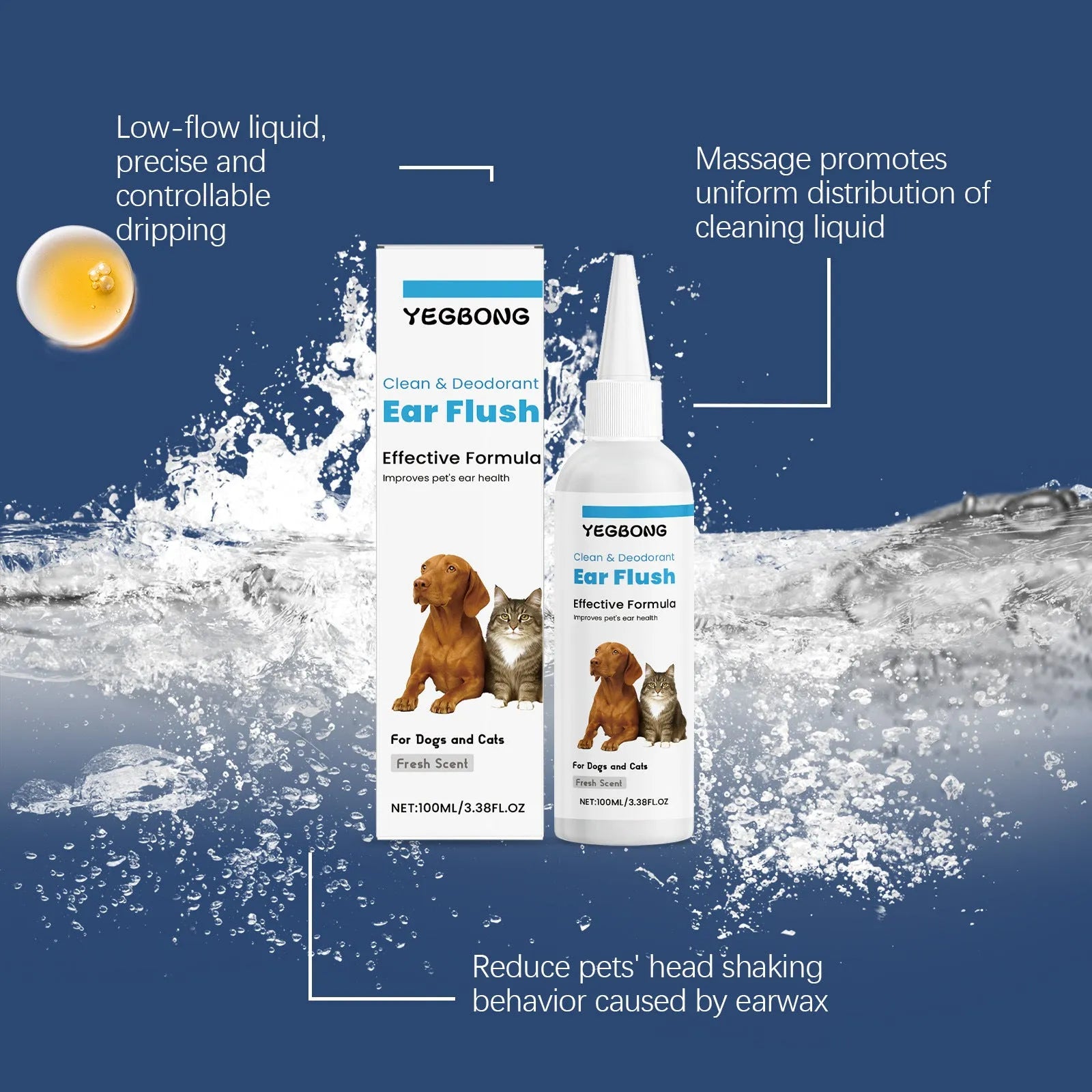100ml bottle of veterinary-formulated ear cleaner for dogs and cats showing gentle earwax removal application