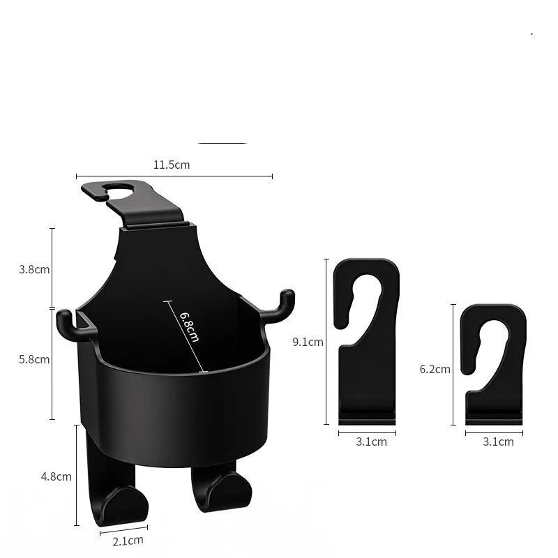 Black plastic car seat back organiser with cup holder and hook, shown from the side.