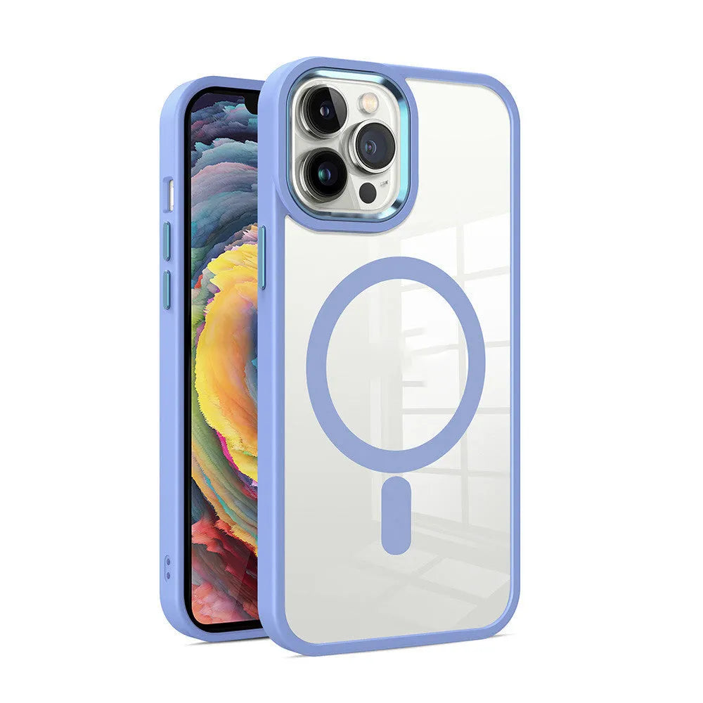 Magnetic transparent silicone iPhone case showing phone colour through back