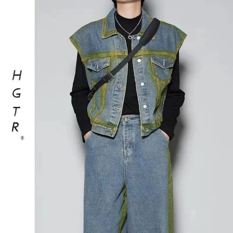 Distressed blue vest and jeans two-piece suit set with spray colour gradient effect