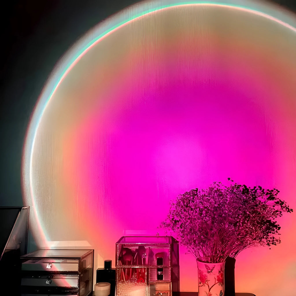 USB rechargeable sunset lamp projecting rainbow colours and sunset red patterns for ambient room lighting