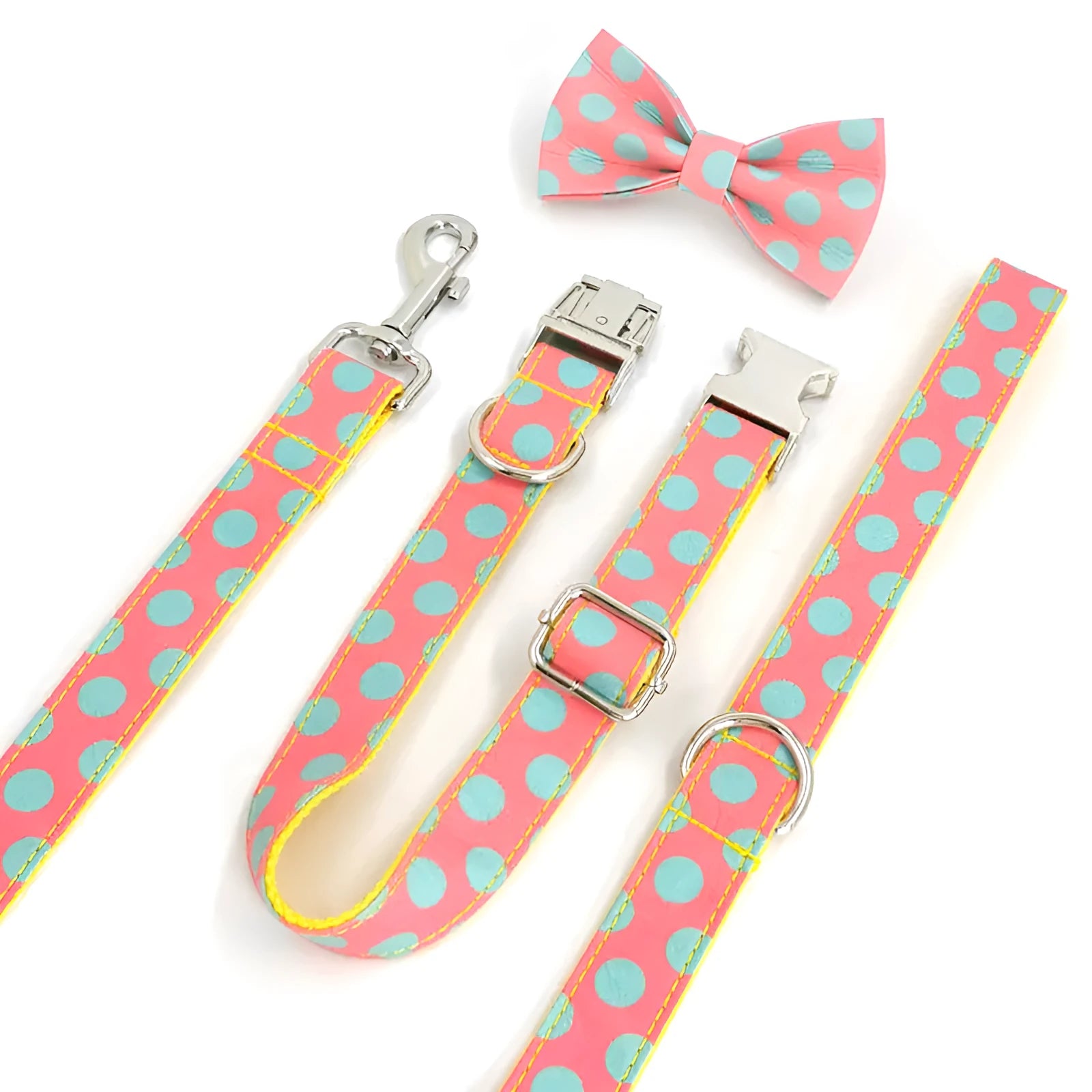 Yellow polka dot dog lead and collar set made of polyester with hand-holding rope design