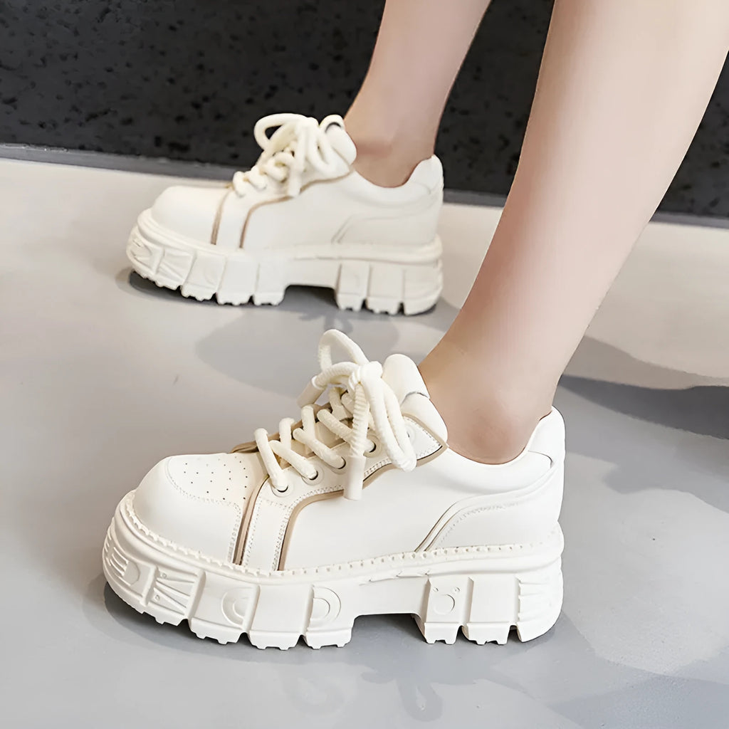 Beige and pink spring casual leather shoes with muffin bottom design and rubber foam sole