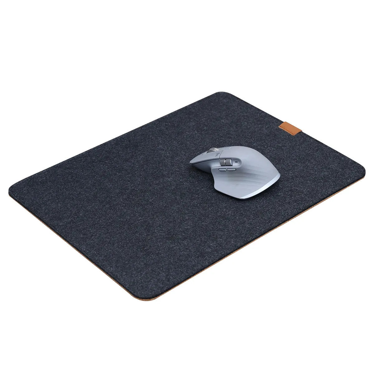 Oversized grey felt and cork desk mouse mat shown on a wooden desk with keyboard and mouse.