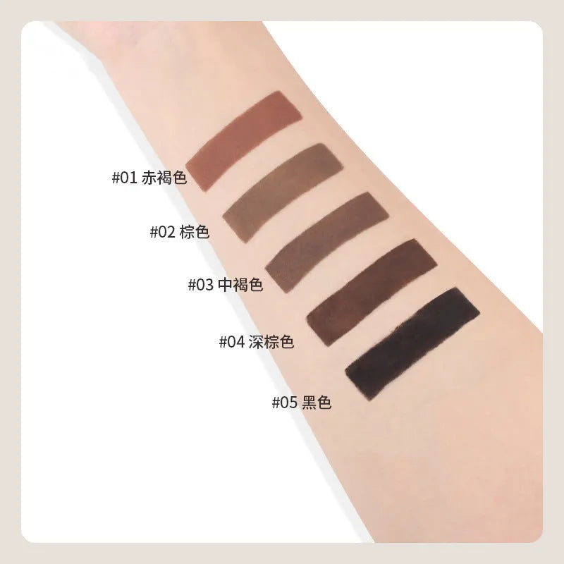 Double-headed eyebrow cream kit showing pencil and powder ends with five shade options displayed.