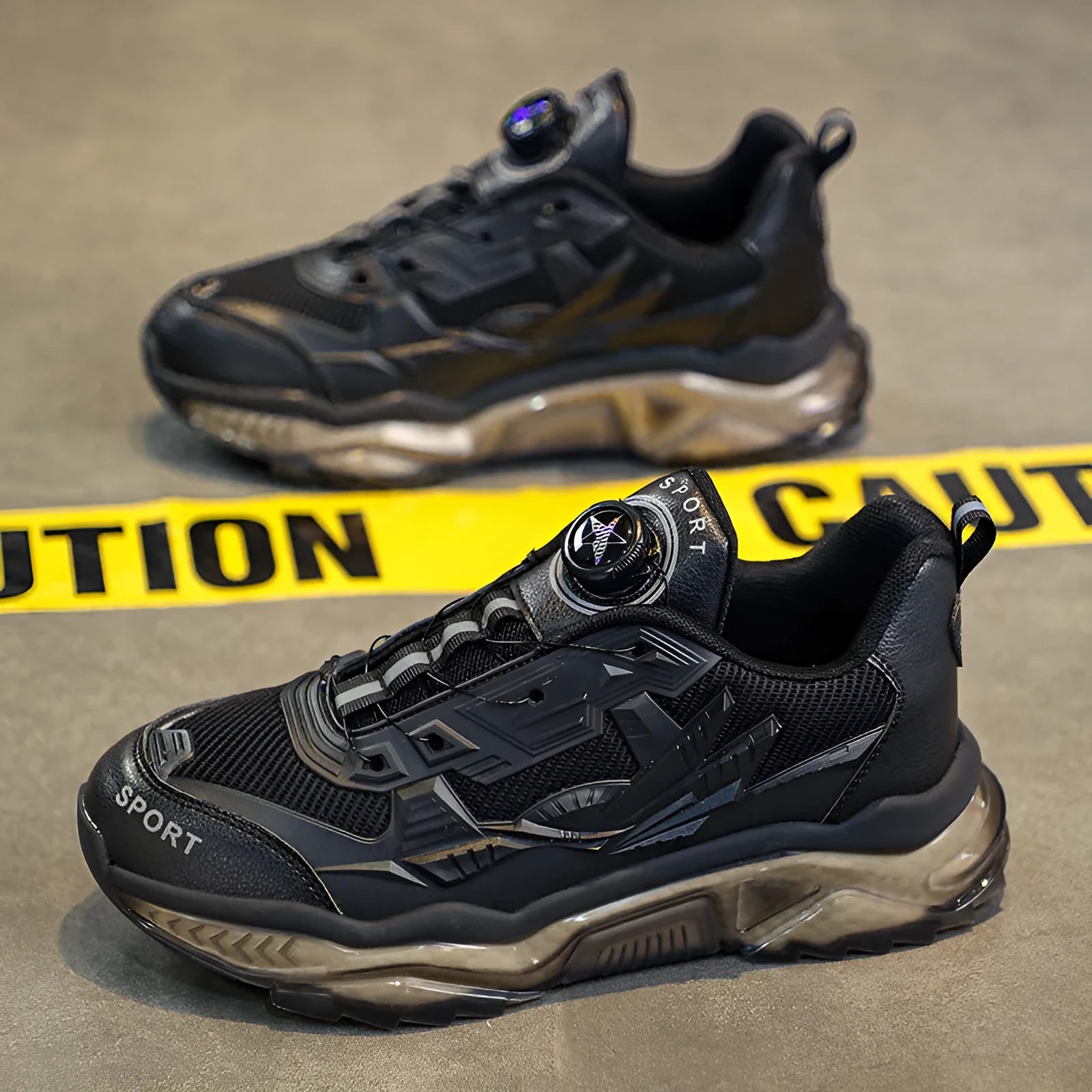 Men's black rotating button dad shoes with mesh upper and platform sole.