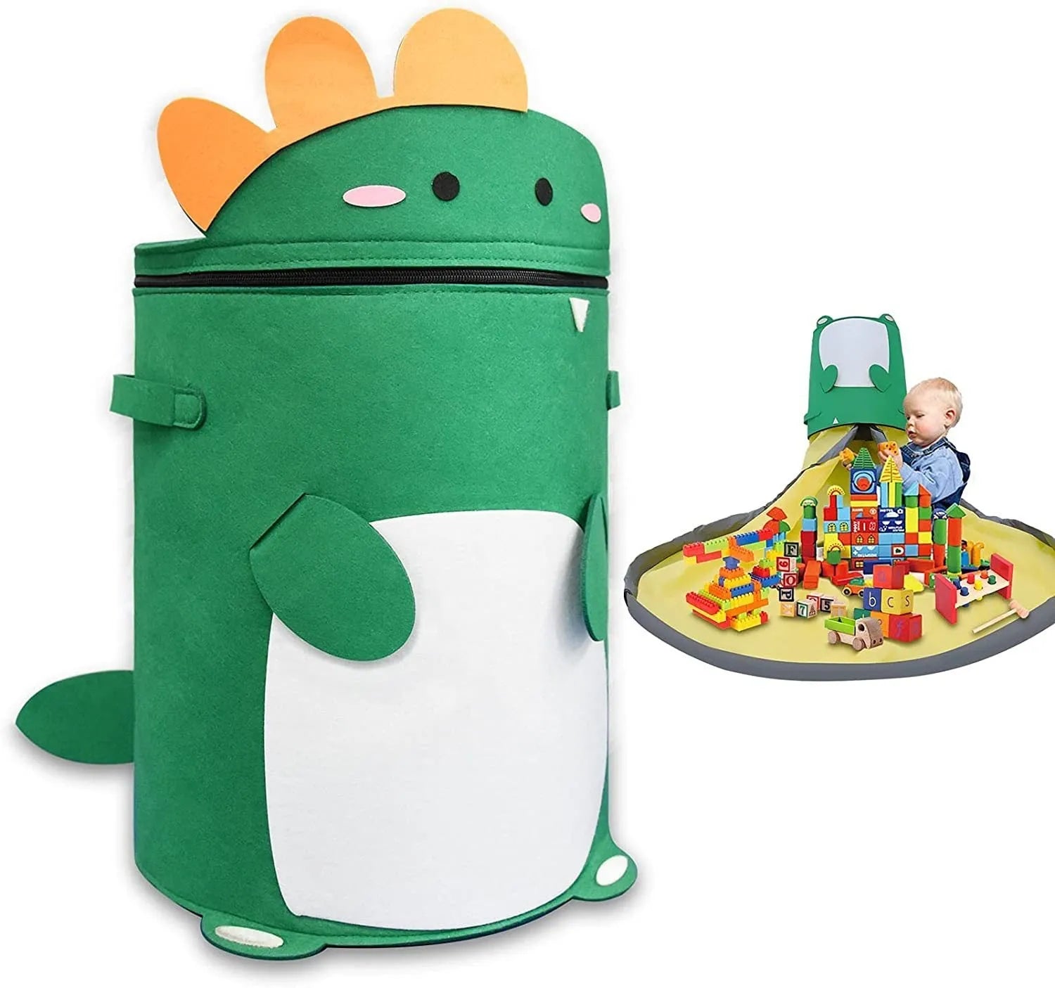 Green felt cube storage bag with pull rope, shown as a toy organiser and play mat.