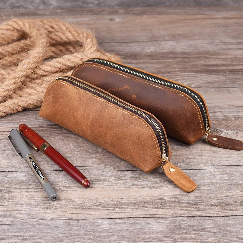 Genuine cowhide leather rectangular pencil case with zipper closure