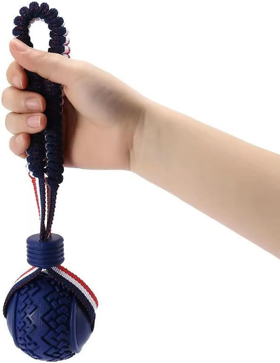 Blue rubber dog ball with rope toy for small dogs showing textured surface and 29cm length