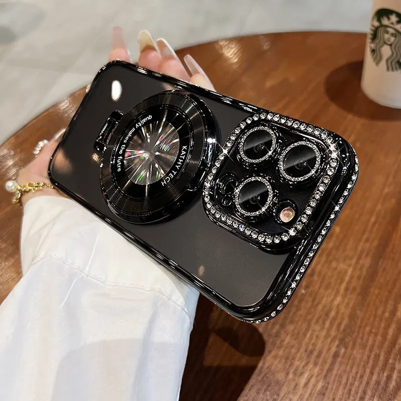 Transparent silicone iPhone case with rhinestone frame and magnetic bracket in pink colour