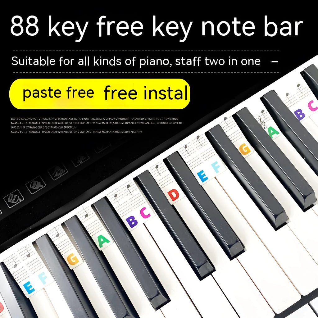 Two bags of white card piano keyboard stickers for 88 keys, showing colour note bar and black note designs.