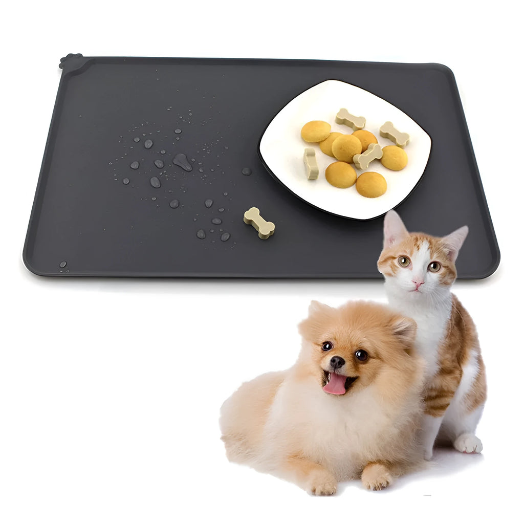 Waterproof silicone pet mat 47x29.5cm in grey with raised edges and non-slip base for dogs cats