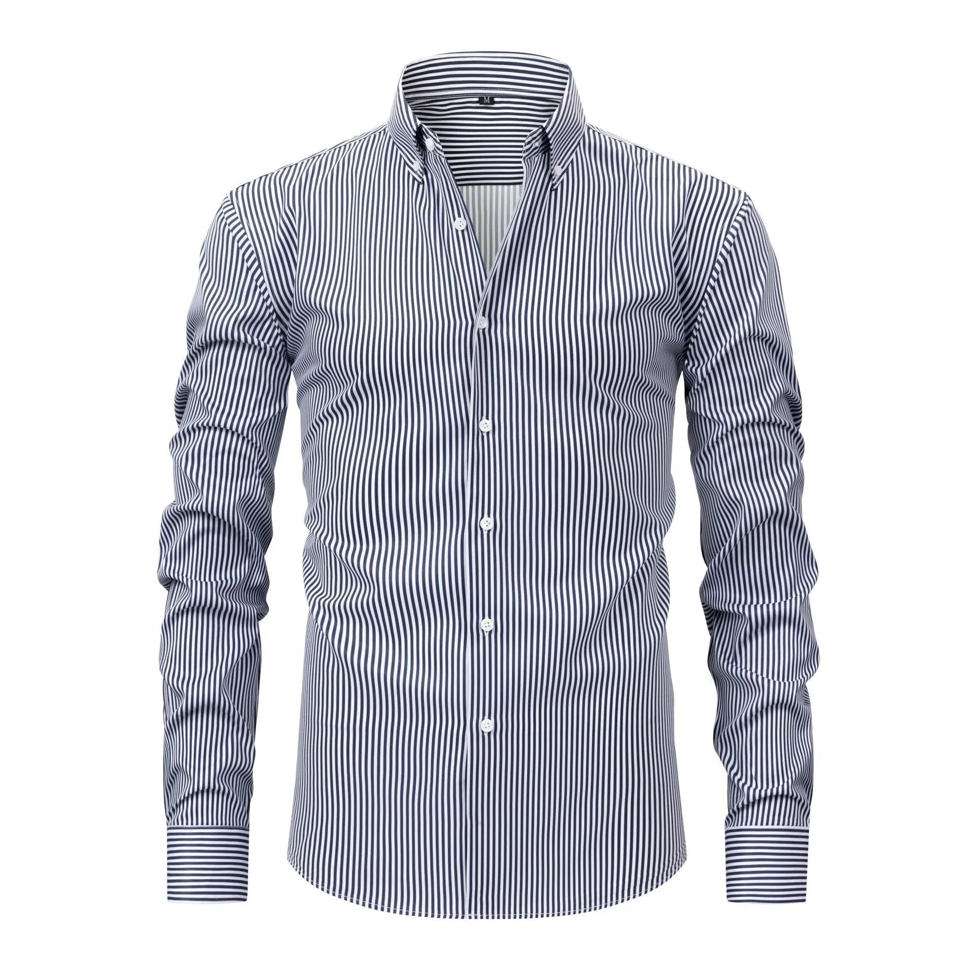 Men's striped business casual shirt with lapel collar and long sleeves in non-iron fabric