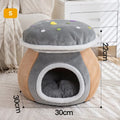 Grey mushroom-shaped plush cat bed with a detachable design and included blanket.