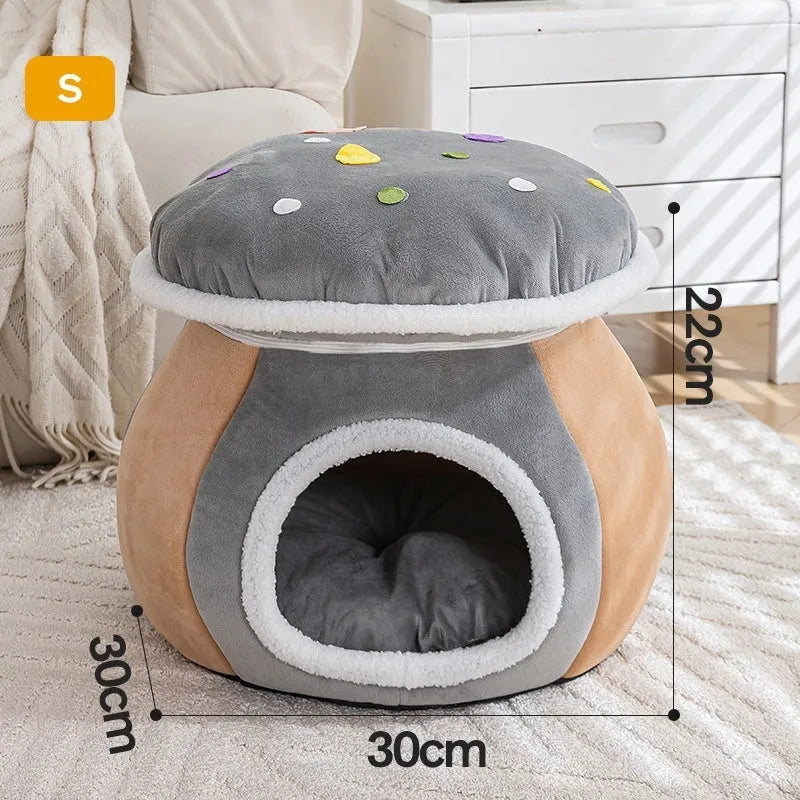 Grey mushroom-shaped plush cat bed with a detachable design and included blanket.