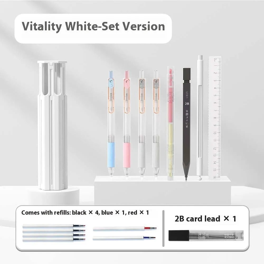 Plastic pressing pen kit for six pens in pencil case with colour options