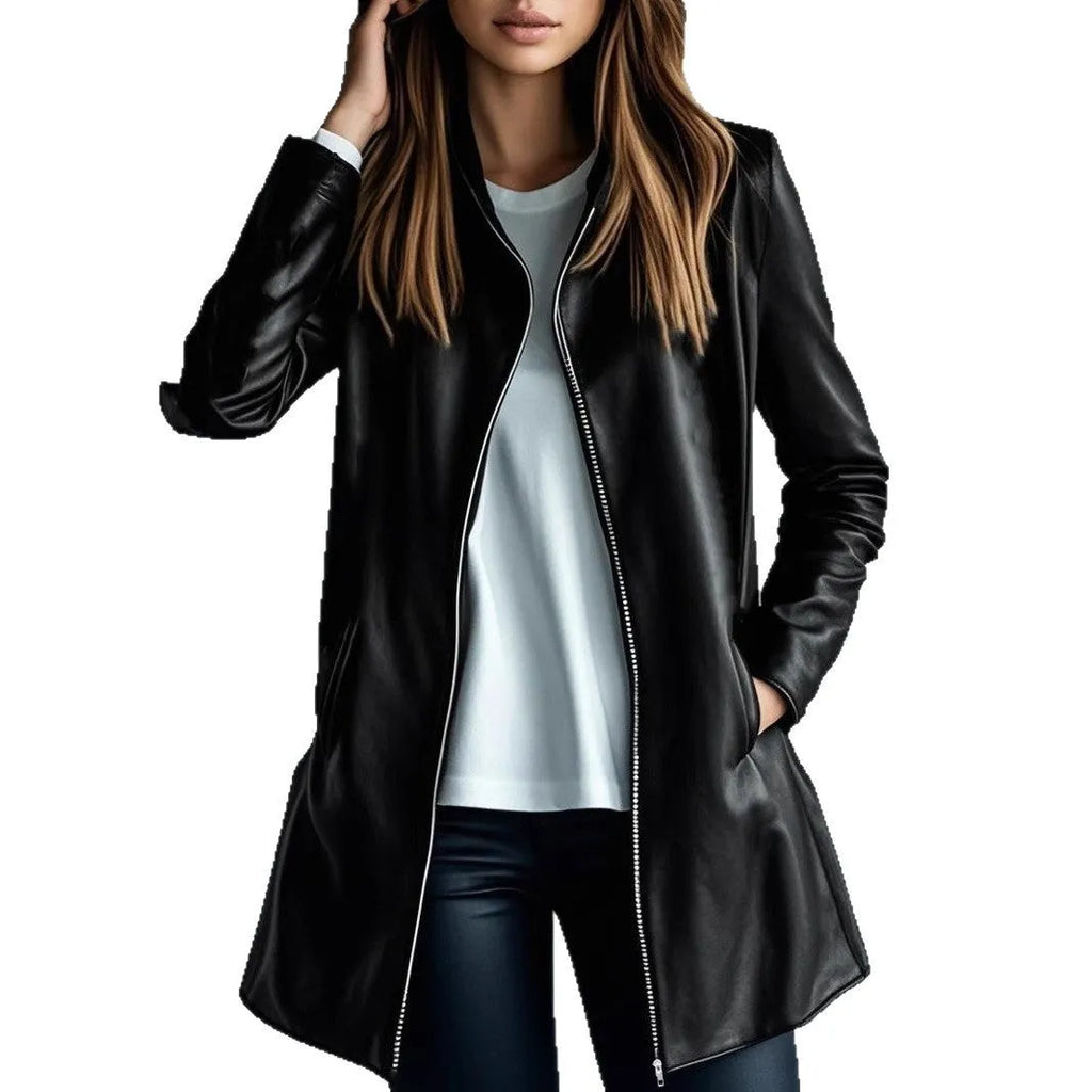 Black women's leather-style polyester jacket with medium 65cm length on a hanger.