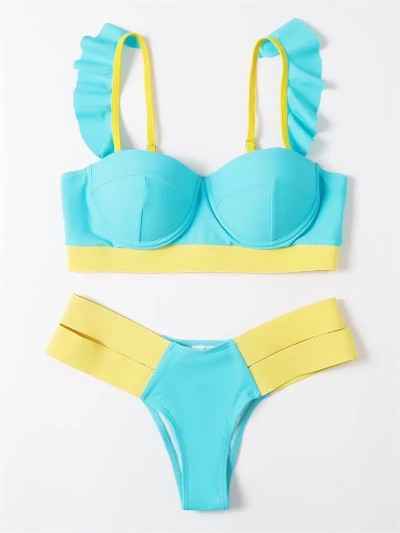 Women's contrast colour bikini swimsuit with steel bracket push-up top, shown in multiple colour options.