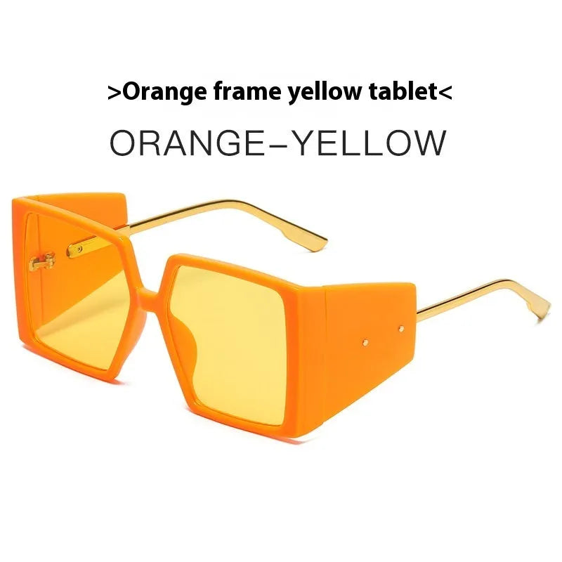 Large square frame metal sunglasses showing available colour options on an adult face.