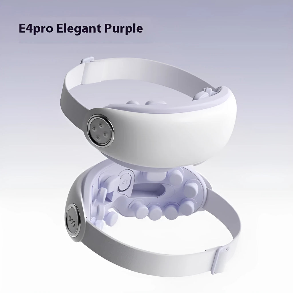 Rechargeable Bluetooth eye hot compress and massage mask in purplish grey, shown with data cable.