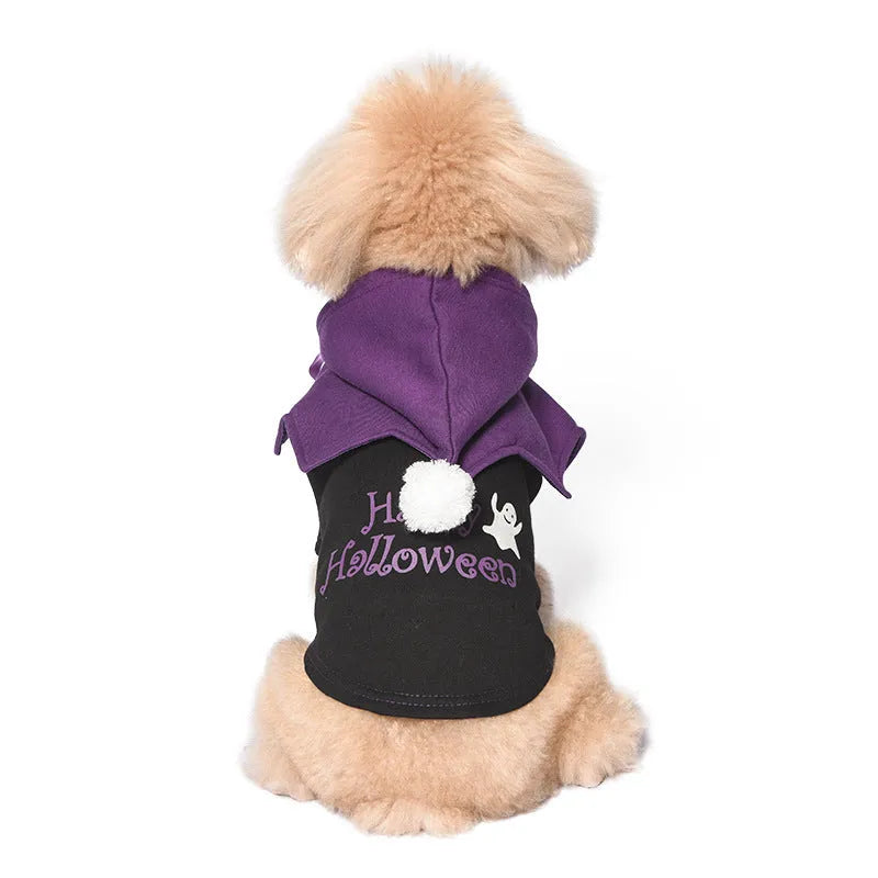 Halloween pumpkin design dog costume with black cotton sweater and orange pumpkin pattern