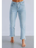 Women's casual denim pants with hand-worn distressing in dark blue or light blue solid colours