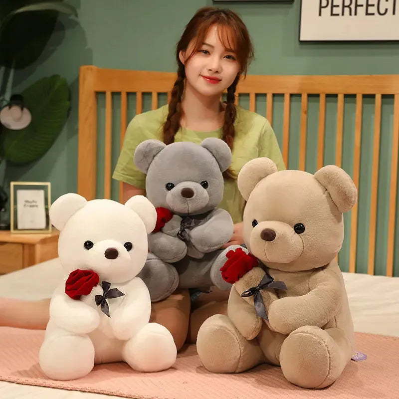 Rose bear plush stuffed animal doll in beige, brown or grey with cartoon design