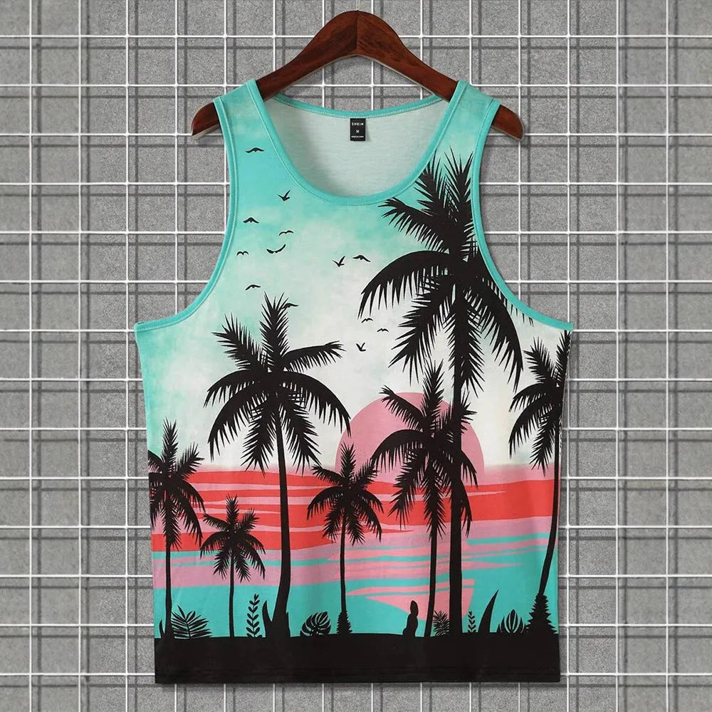 Men's Hawaiian-style 3D printed sleeveless vest tank top in polyester fabric