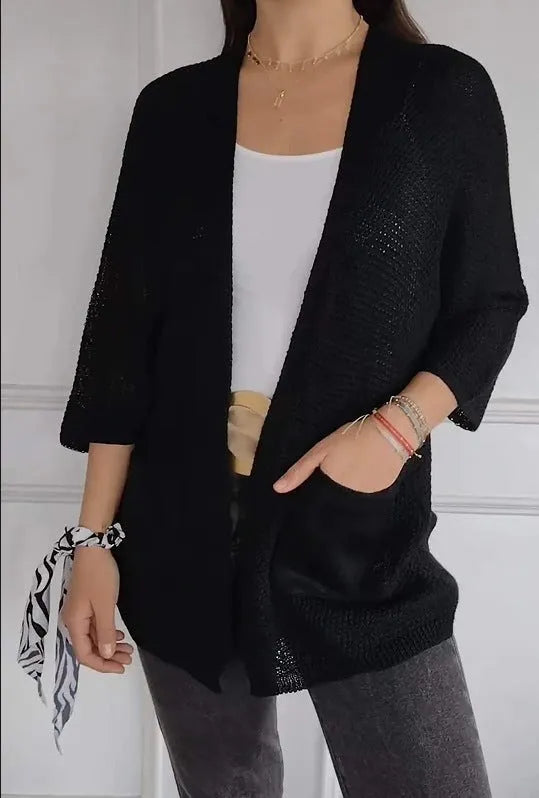 Women's waffle knit cardigan coat in army green with nine-quarter sleeves and pockets