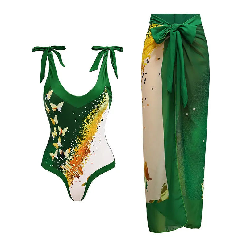Women's solid colour one-piece swimsuit with spaghetti straps and matching skirt set