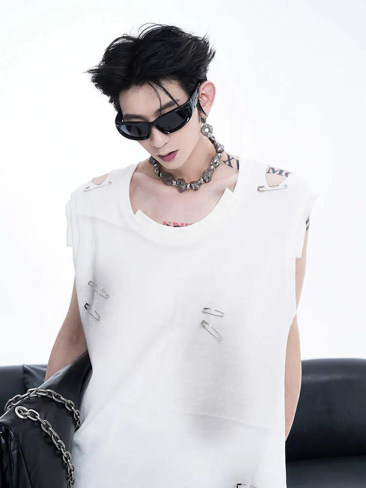 Men's black sleeveless vest waistcoat with ripped irregular cutting design on cotton blend fabric
