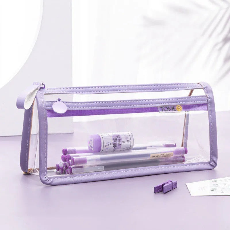 Transparent double-layer pencil case showing two compartments with writing instruments inside, dimensions 220x110x80mm