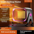 Compact white desktop electric heater with rotatable grill on a wooden table.