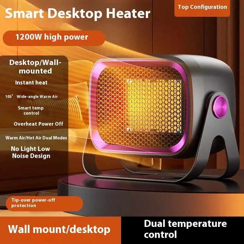 Compact white desktop electric heater with rotatable grill on a wooden table.