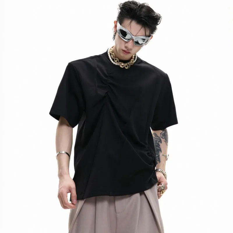 Men's loose fit grey cotton T-shirt with three-dimensional pleating detail on the front.