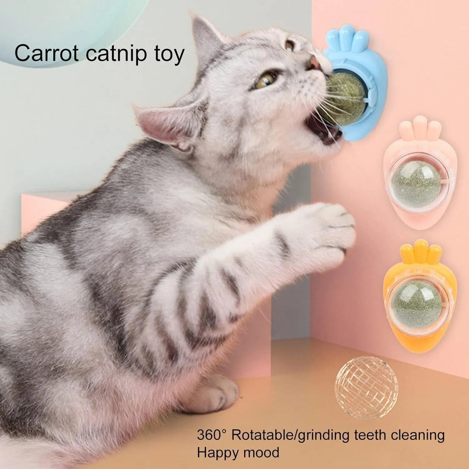 Blue carrot-shaped self-adhesive catnip balls for teeth cleaning and anxiety relief