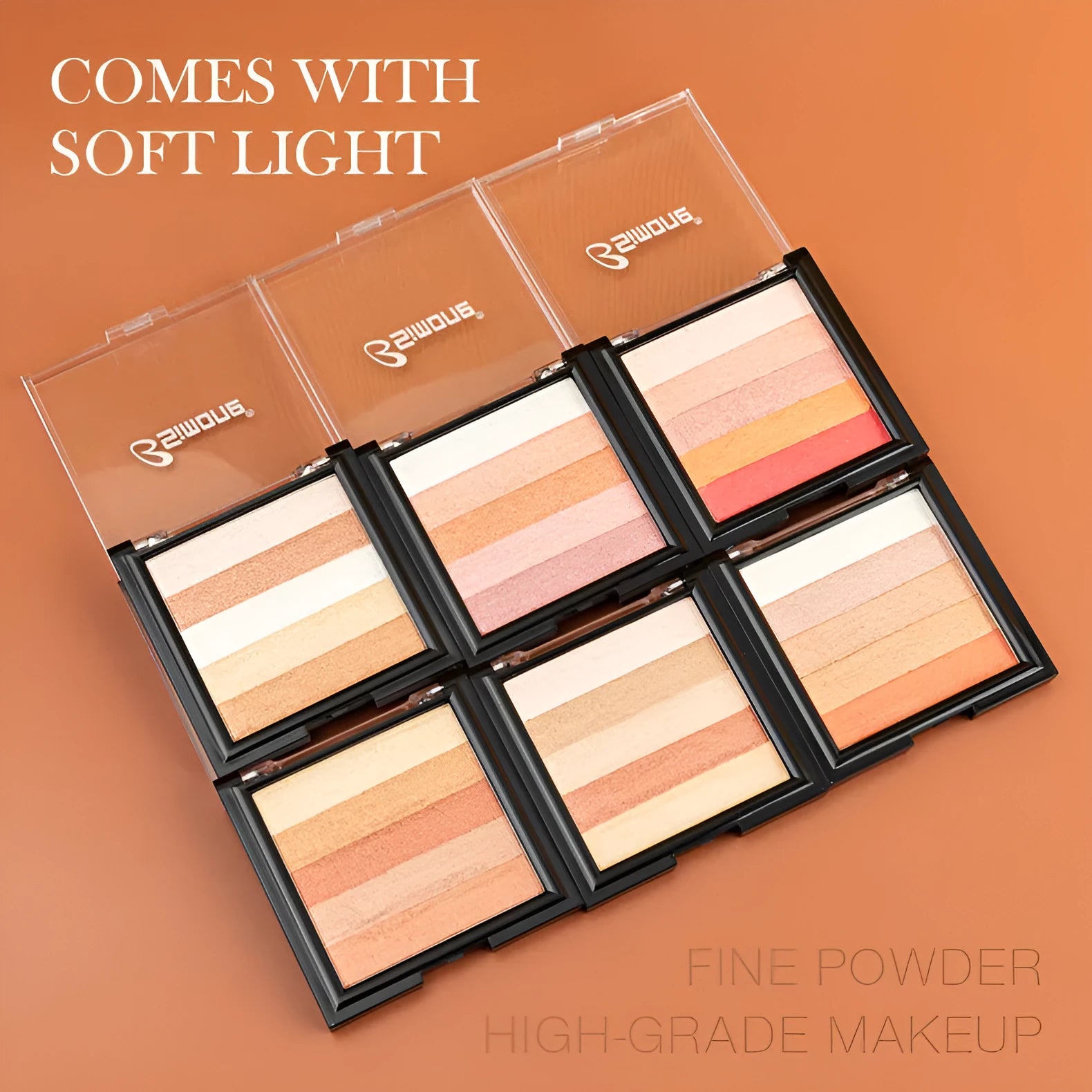 Highlighting eye shadow palette with six colour shades for facial contouring and brightening
