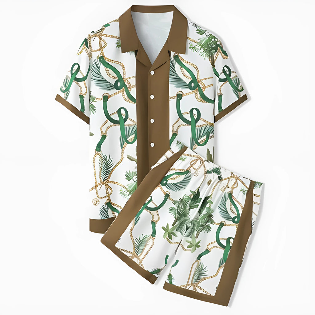 Plaid patterned beach shirt and trouser outfit set for men and women on a mannequin