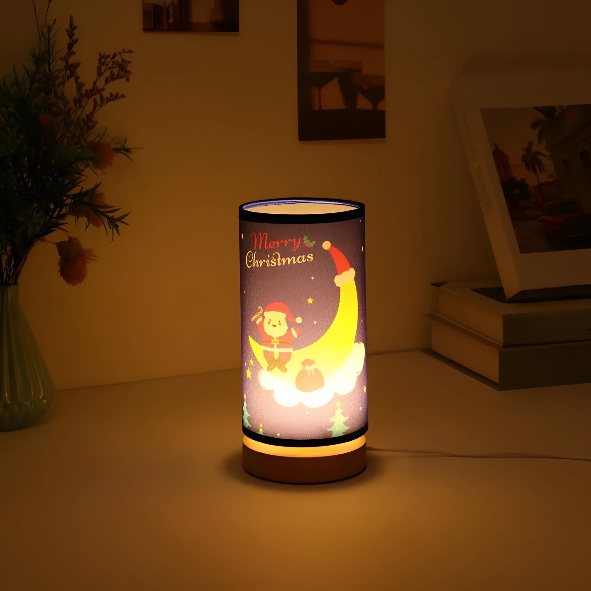 Moon-shaped Santa Claus USB LED night light with a bamboo base.