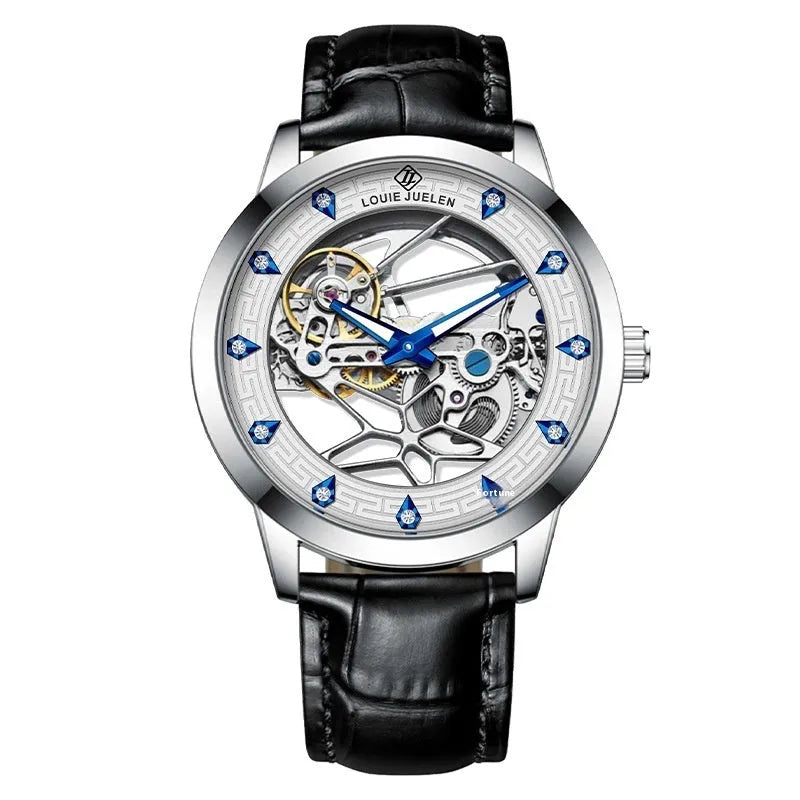 Men's silver case mechanical watch with black leather strap, white face, blue hands, and business styling