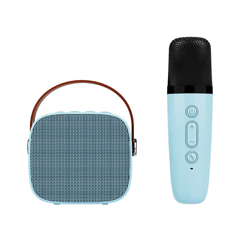Small white portable Bluetooth speaker with a built-in microphone on a table.